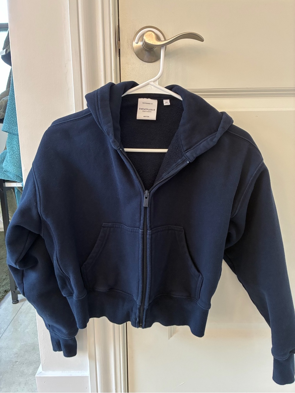 Aritzia Navy Full-Zip Fleece Cropped Hoodie